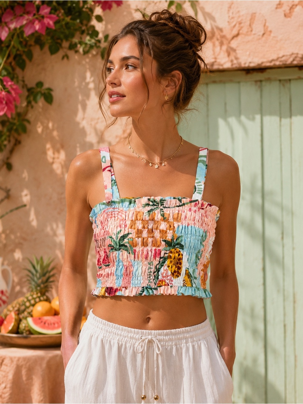 NWT Paper Heart Womens Pink Tropical Fruit Smocked Crop Top Size Medium